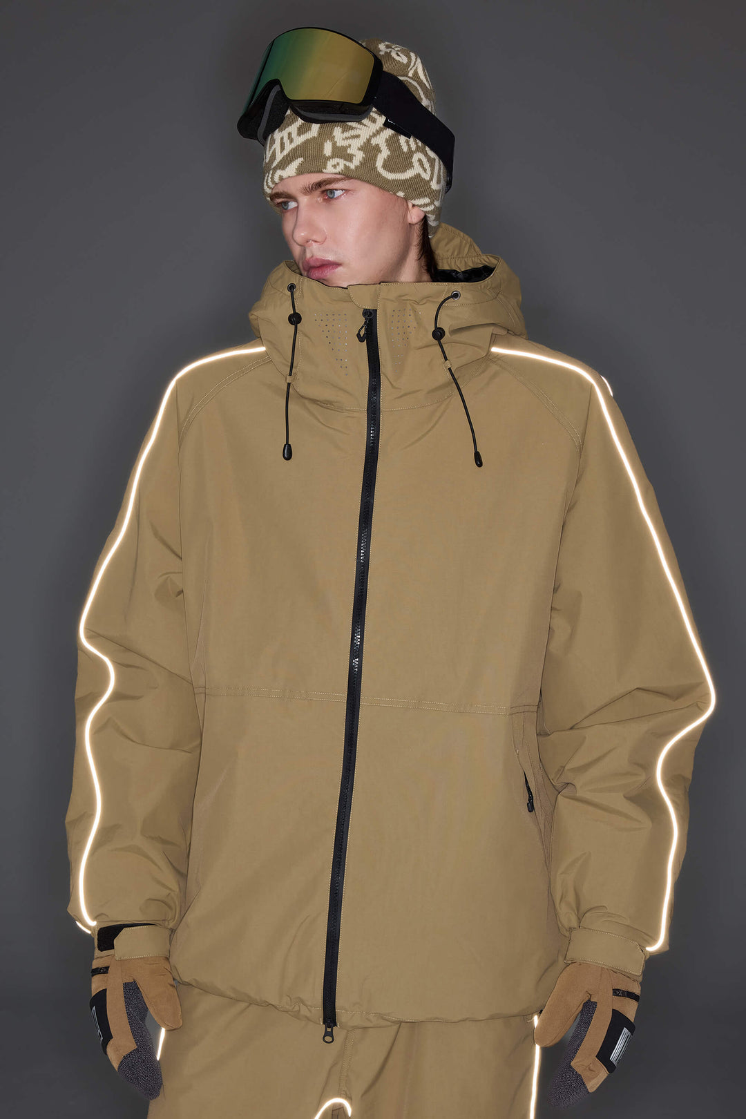 Men's Light Gray Reflective Side-Piping Insulated Snow Jacket