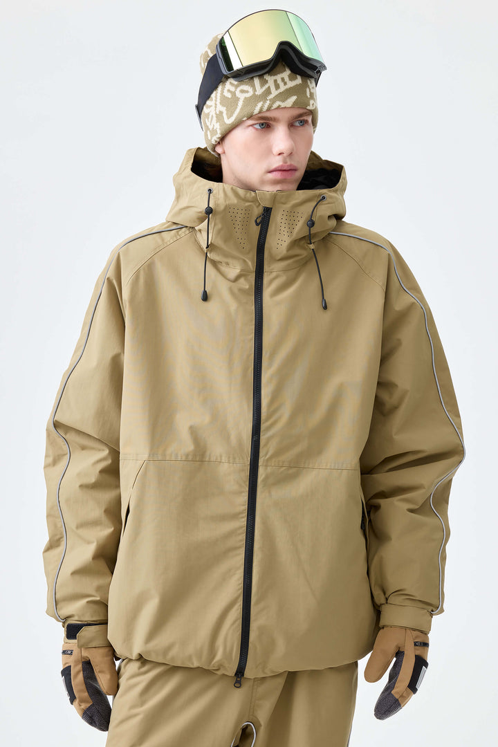 Men's Khaki Reflective Side-Piping Insulated Snow Jacket