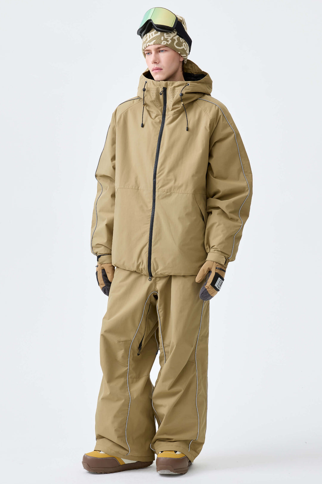 Men's Khaki Reflective Side-Piping Insulated Snow Jacket