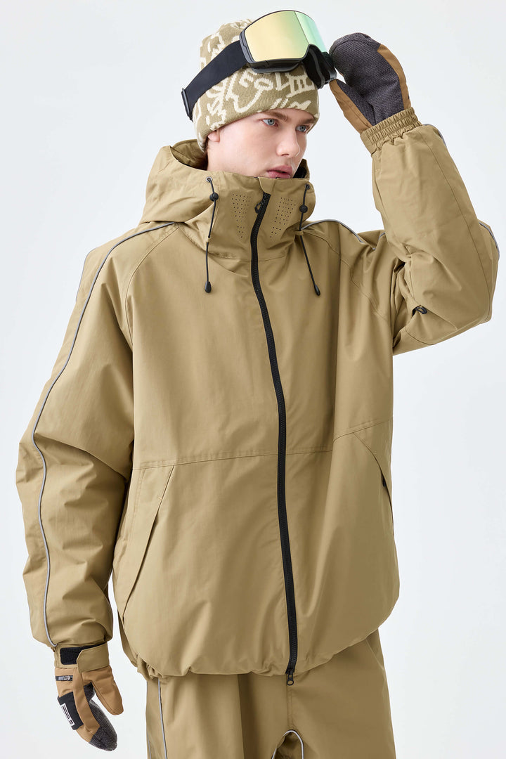 Men's Khaki Reflective Side-Piping Insulated Snow Jacket