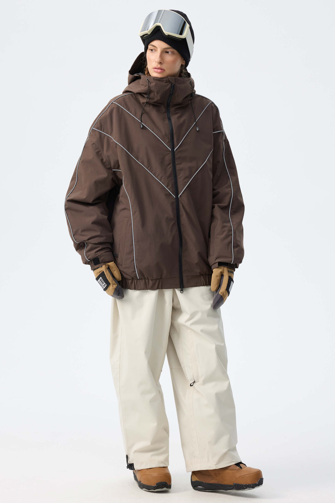 Women's Brown Reflective V-Line Snow Jacket