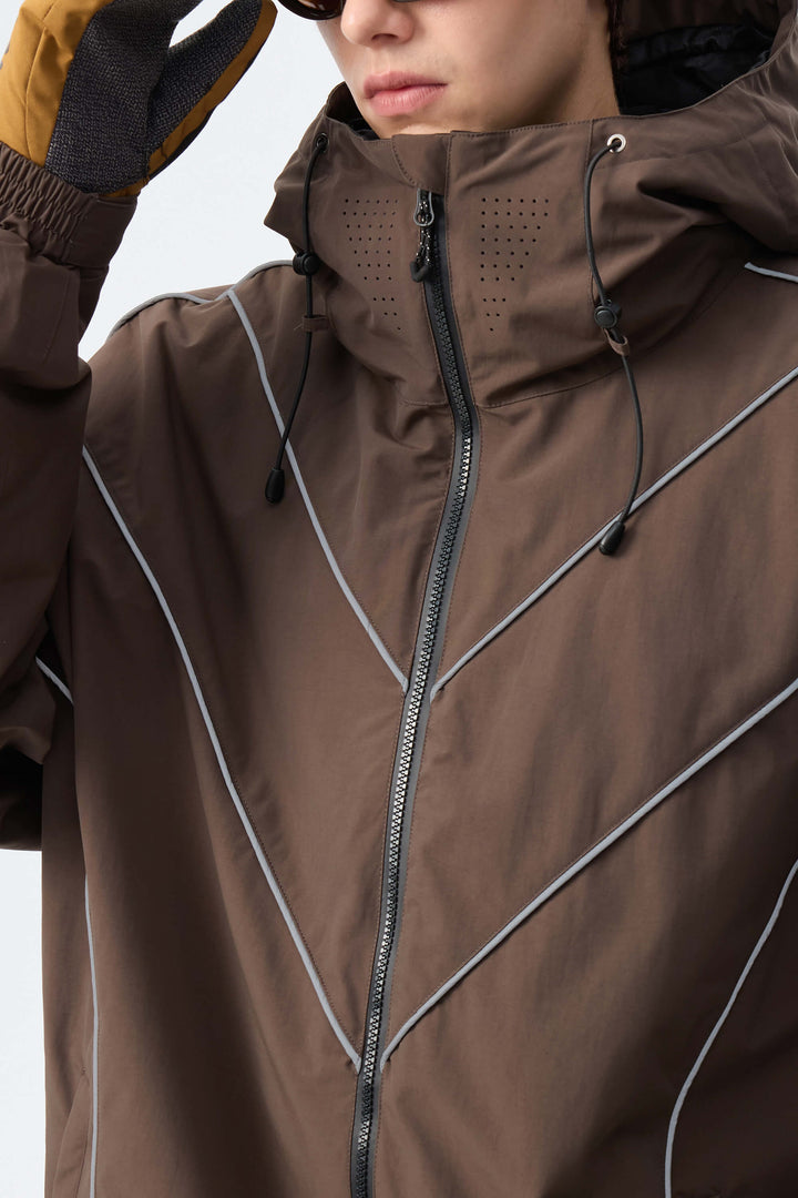 Men's Brown Reflective V-Line Snow Jacket