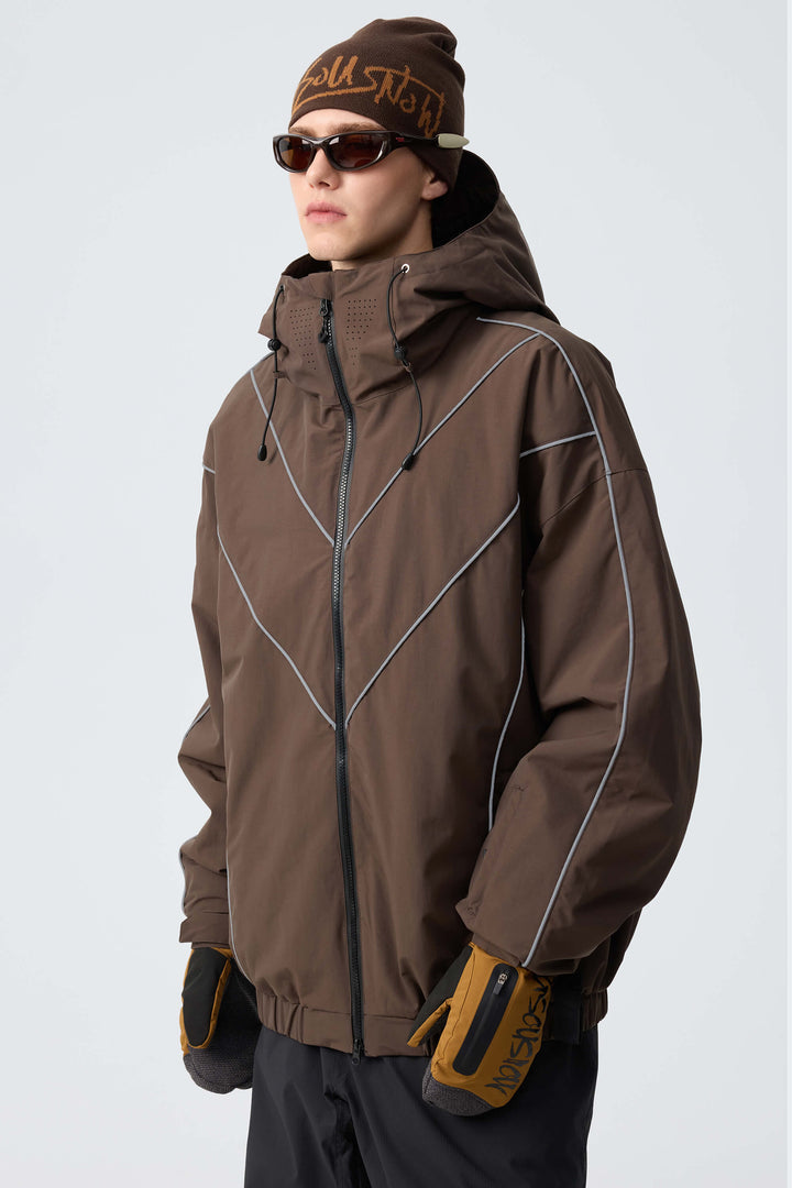 Men's Brown Reflective V-Line Snow Jacket