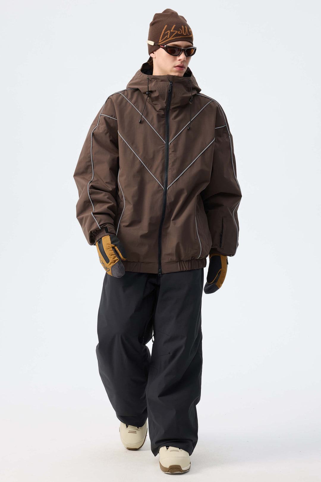 Men's Brown Reflective V-Line Snow Jacket