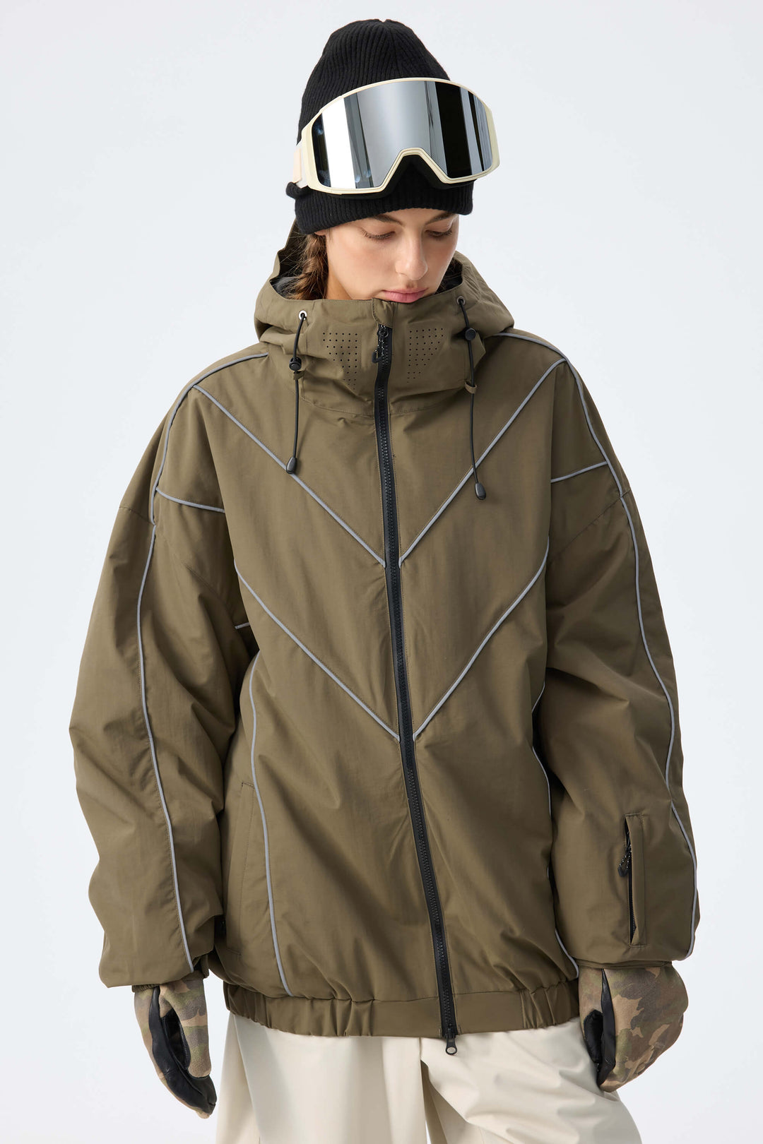 Women's Light Grey Reflective V-Line Snow Jacket