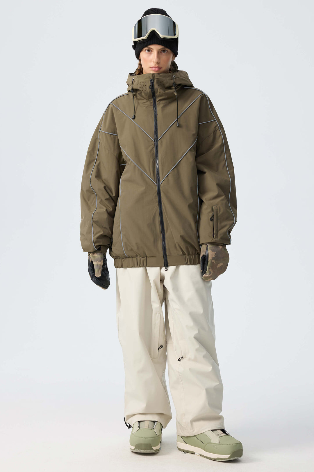 Women's Dark Green Reflective V-Line Snow Jacket