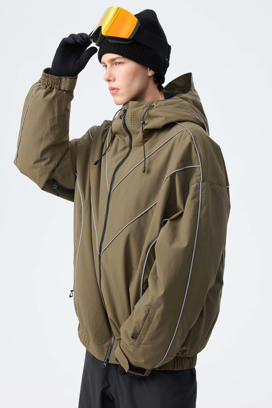 Men's Dark Green Reflective V-Line Snow Jacket