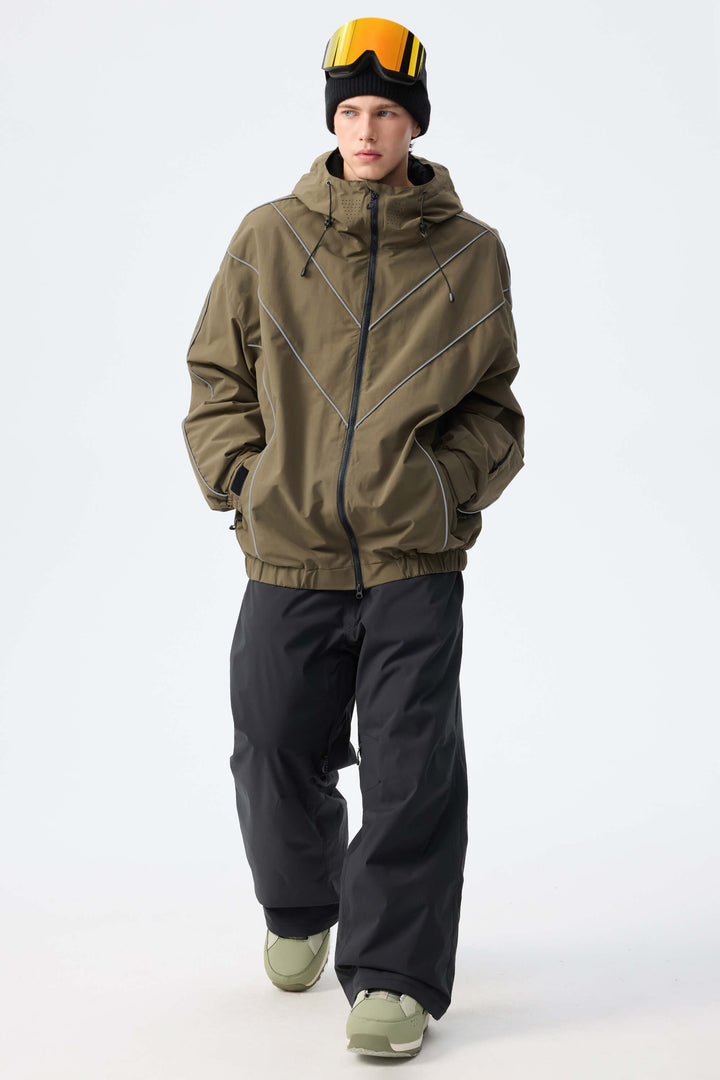 Men's Dark Green Reflective V-Line Snow Jacket