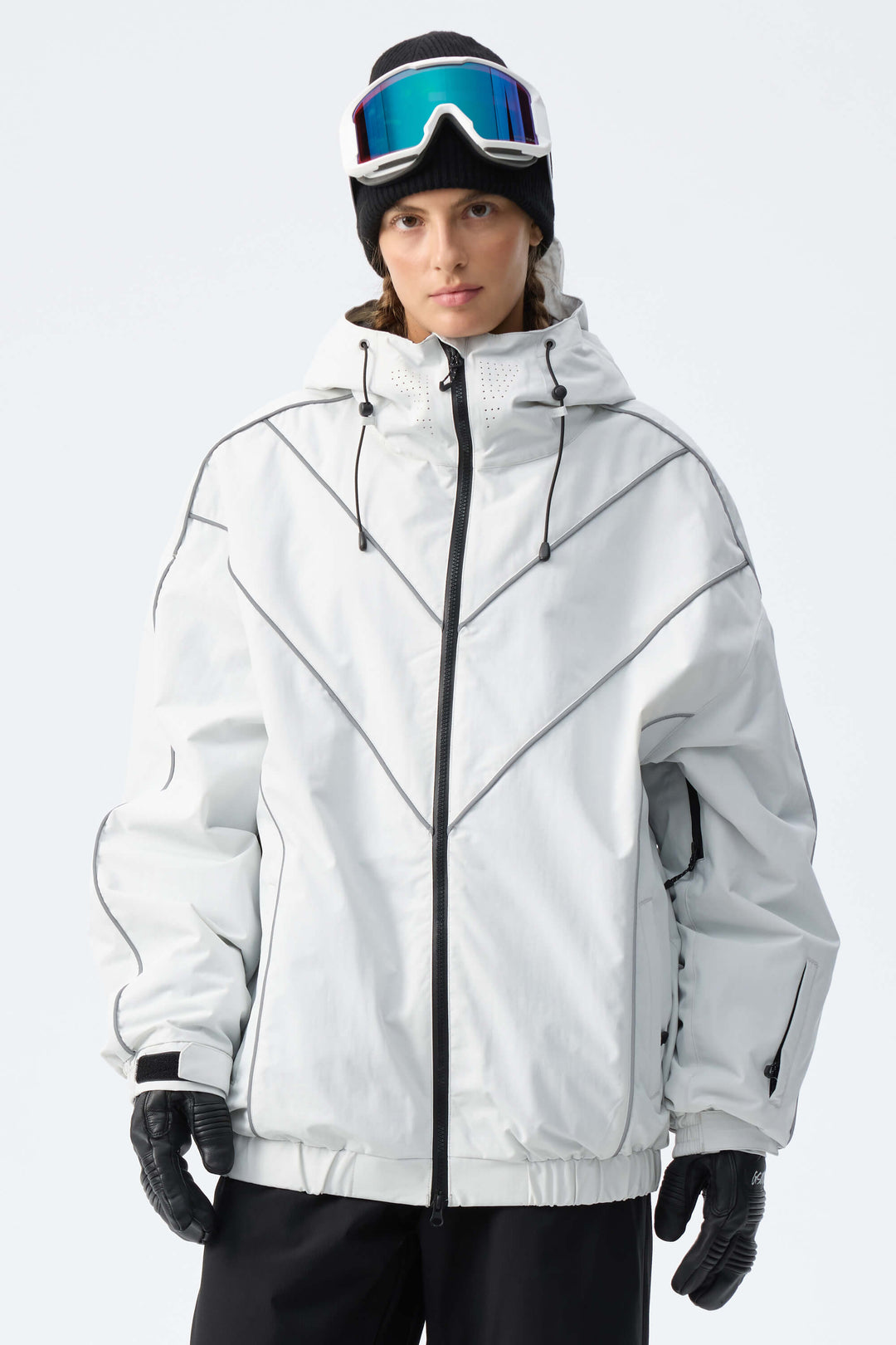 Women's Light Grey Reflective V-Line Snow Jacket