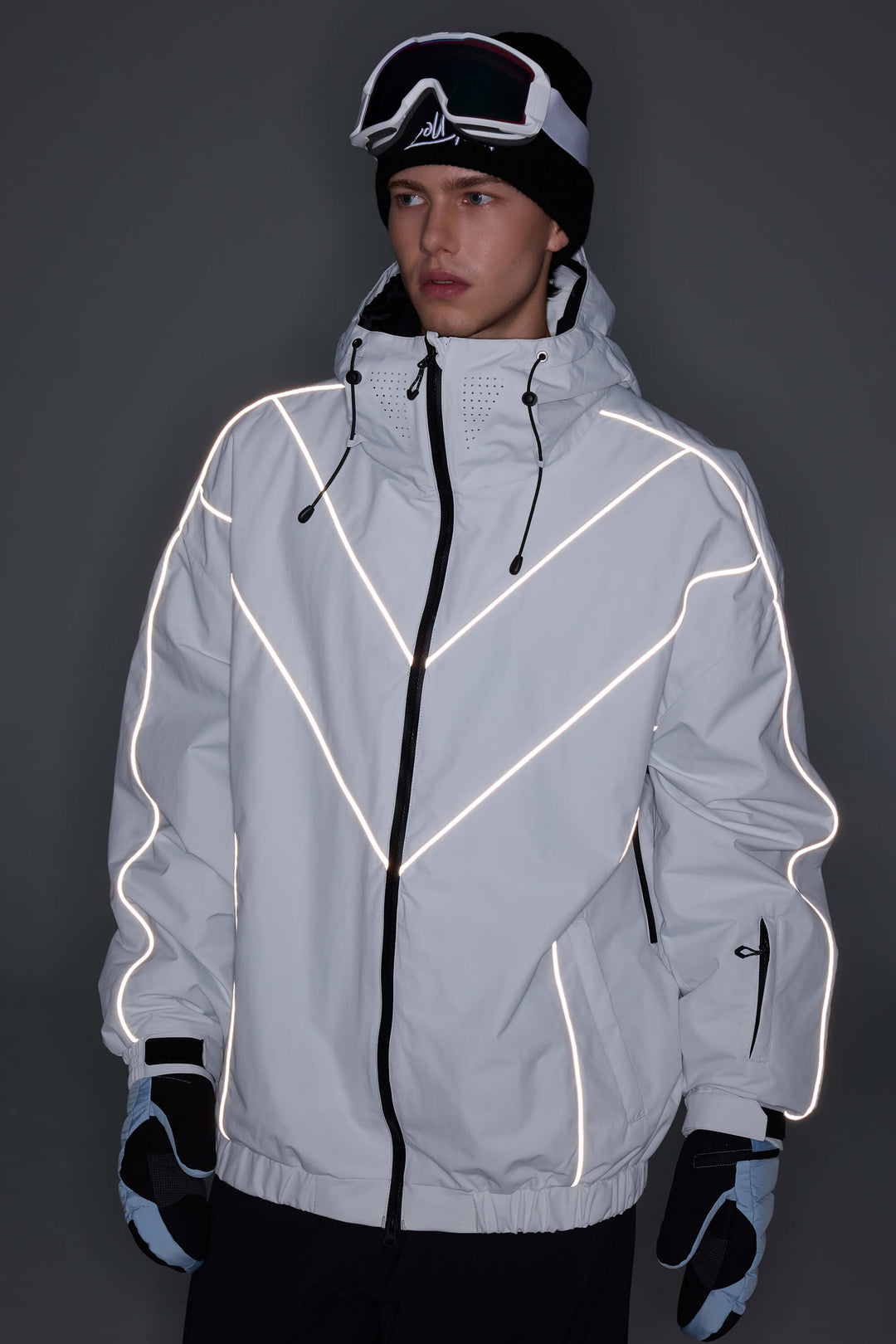 Women's Light Grey Reflective V-Line Snow Jacket