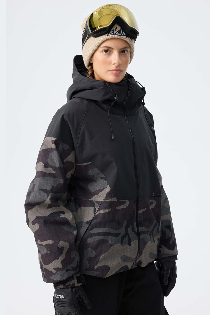 Women’s Black & Shadow Camo Recycled Contrast Panel Insulated Snow Jacket