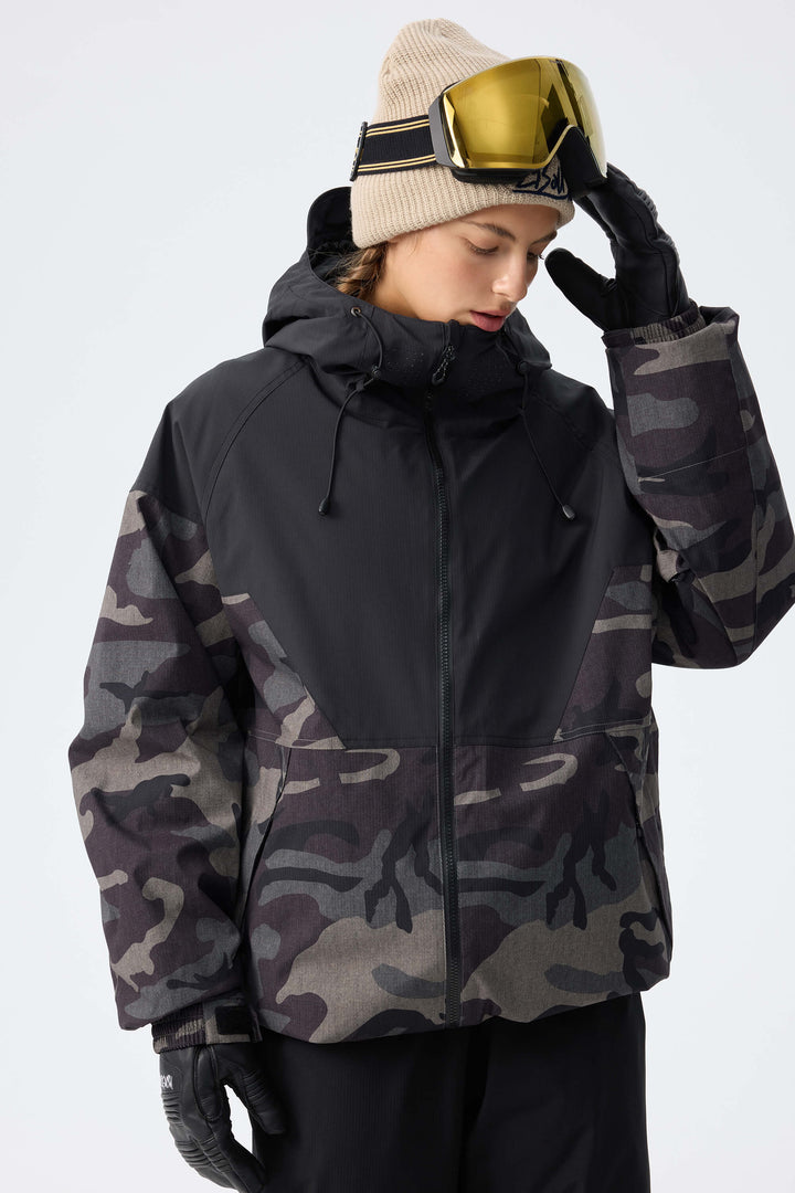 Women’s Black & Shadow Camo Recycled Contrast Panel Insulated Snow Jacket
