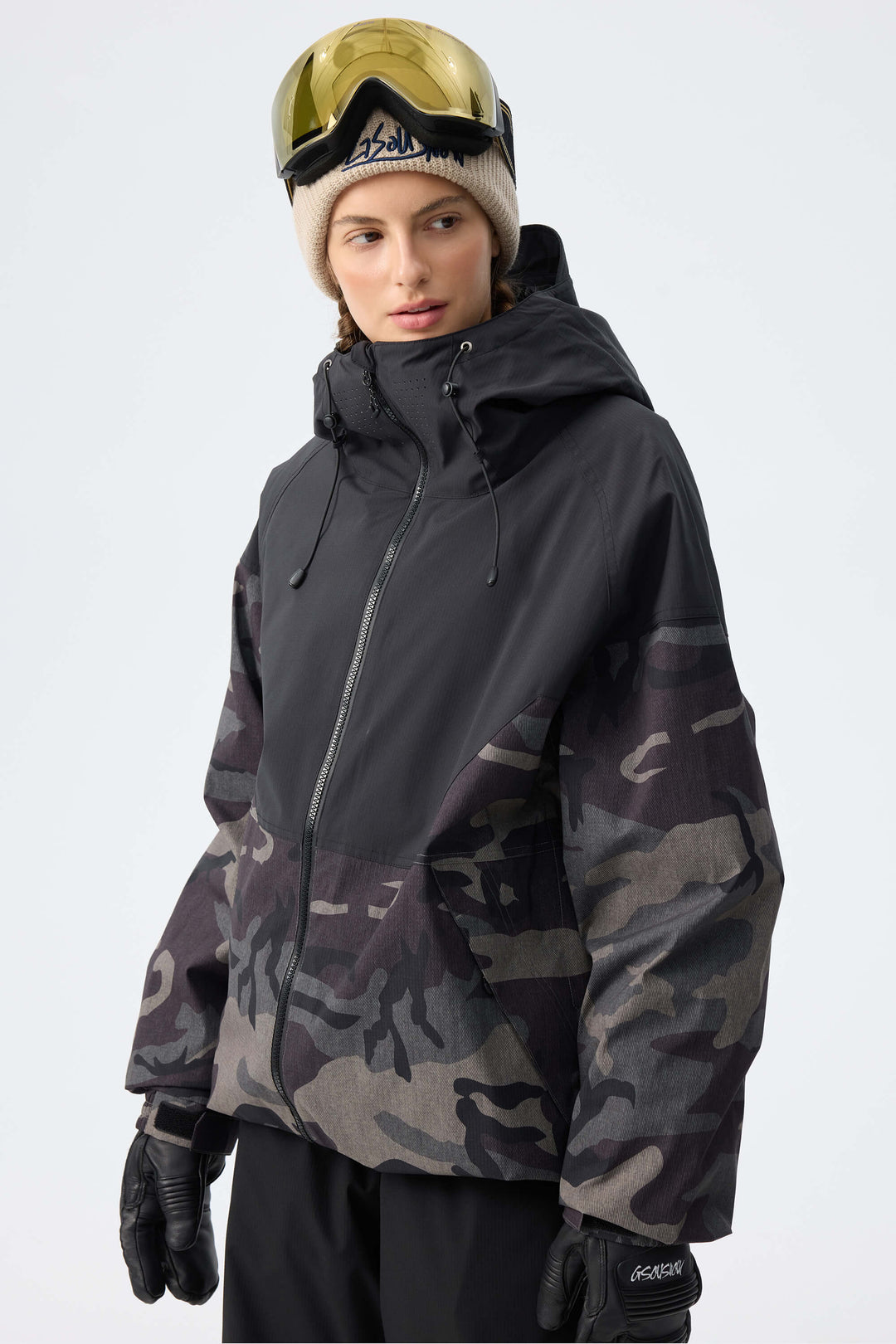 Women’s Black & Shadow Camo Recycled Contrast Panel Insulated Snow Jacket