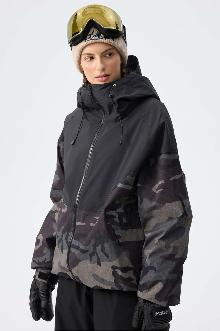 Women’s Black & Shadow Camo Recycled Contrast Panel Insulated Snow Jacket