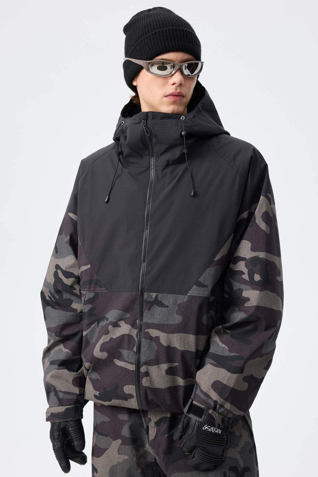 Men’s Black & Shadow Camo Recycled Contrast Panel Insulated Snow Jacket