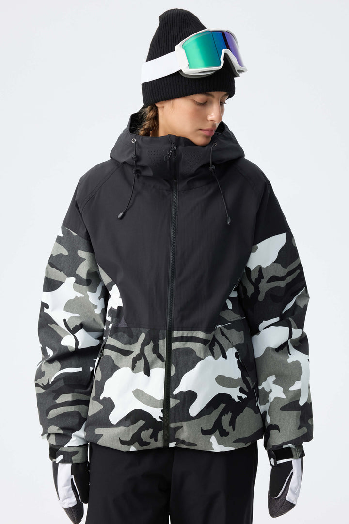 Women’s Off White & Black Recycled Contrast Panel Insulated Snow Jacket