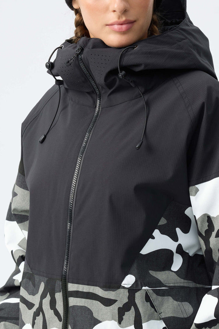 Women’s Black & Frost Camo Recycled Contrast Panel Insulated Snow Jacket