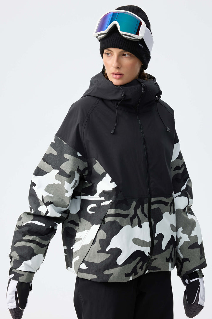 Women’s Black & Frost Camo Recycled Contrast Panel Insulated Snow Jacket