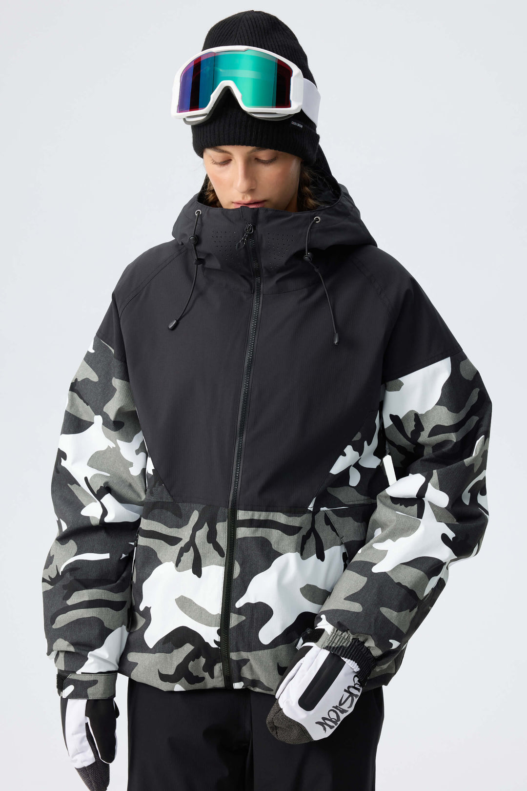 Women’s Black & Frost Camo Recycled Contrast Panel Insulated Snow Jacket