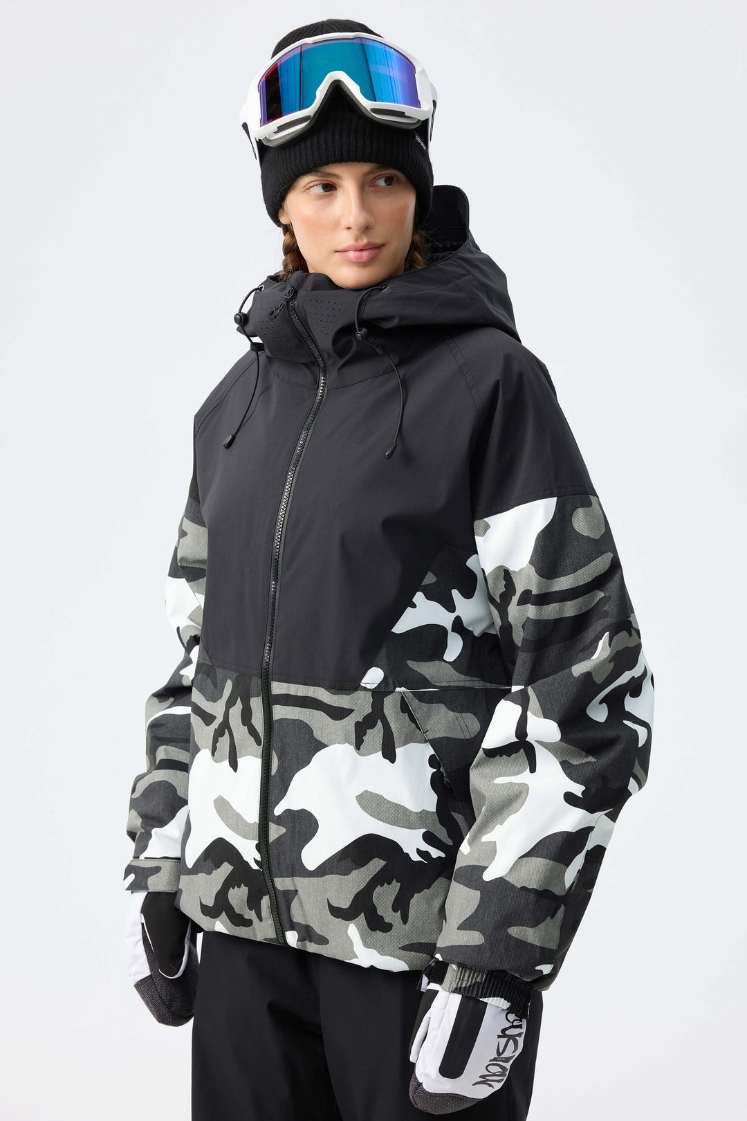 Women’s Black & Frost Camo Recycled Contrast Panel Insulated Snow Jacket