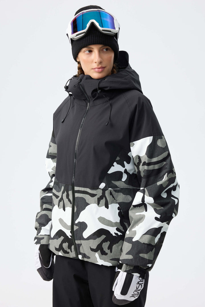 Women’s Black & Frost Camo Recycled Contrast Panel Insulated Snow Jacket