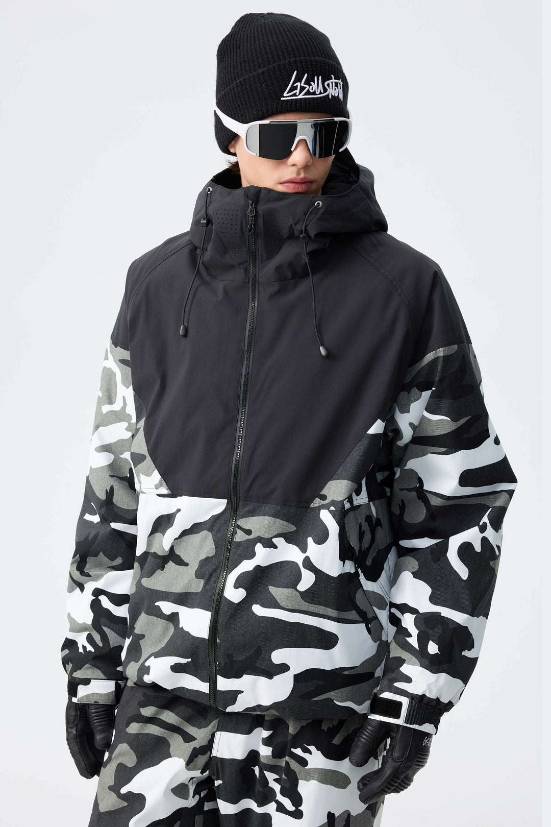 Men’s Black & Shadow Camo Recycled Contrast Panel Insulated Snow Jacket