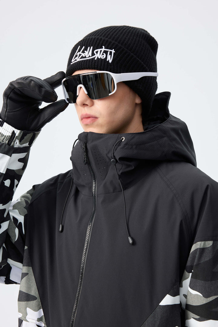 Men’s Black & Frost Camo Recycled Contrast Panel Insulated Snow Jacket