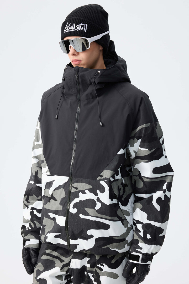 Men’s Black & Frost Camo Recycled Contrast Panel Insulated Snow Jacket