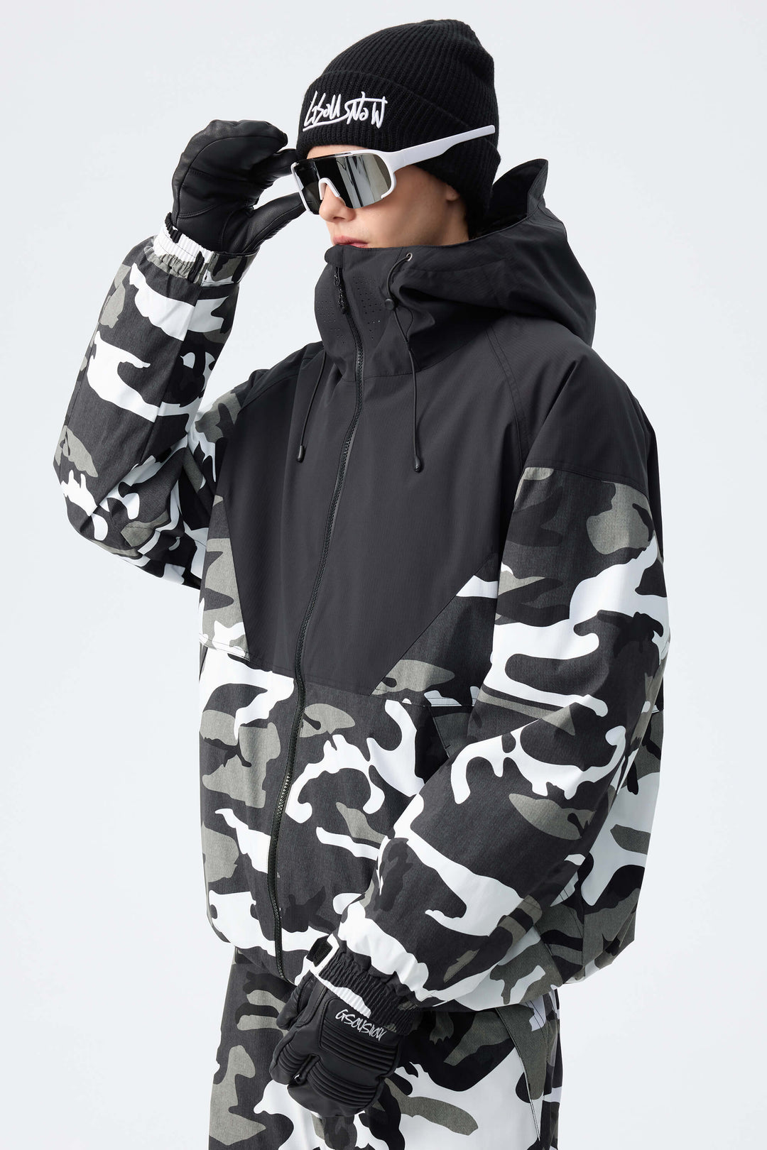 Men’s Black & Frost Camo Recycled Contrast Panel Insulated Snow Jacket