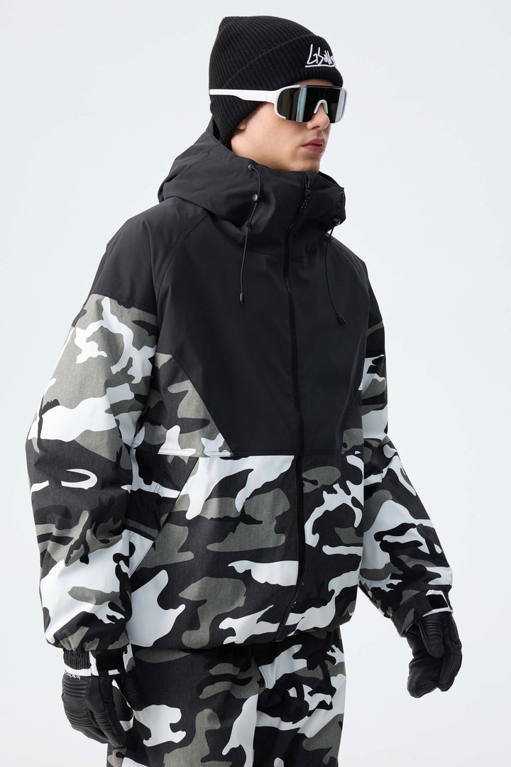 Men’s Black & Frost Camo Recycled Contrast Panel Insulated Snow Jacket