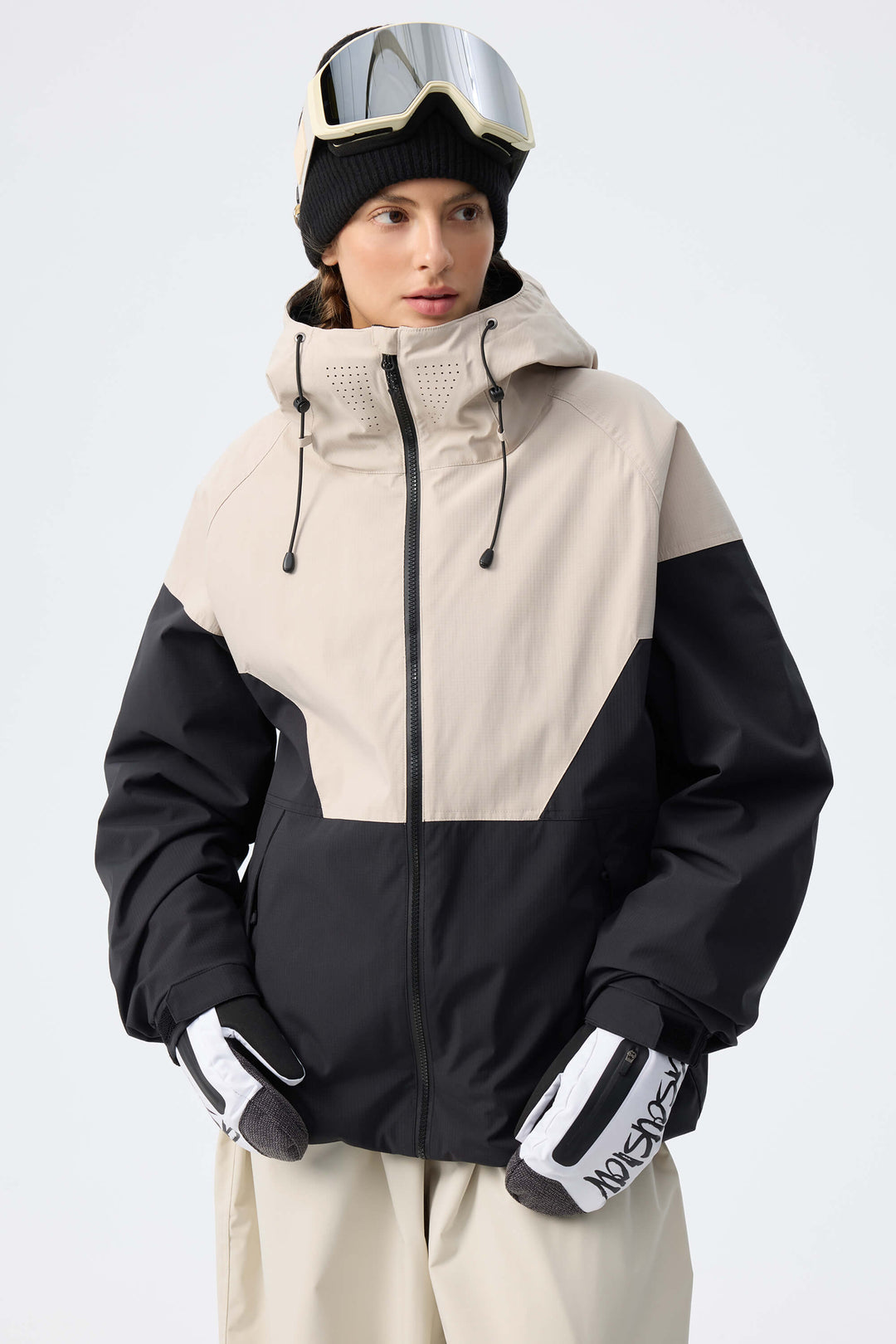 Women’s Off White & Black Recycled Contrast Panel Insulated Snow Jacket