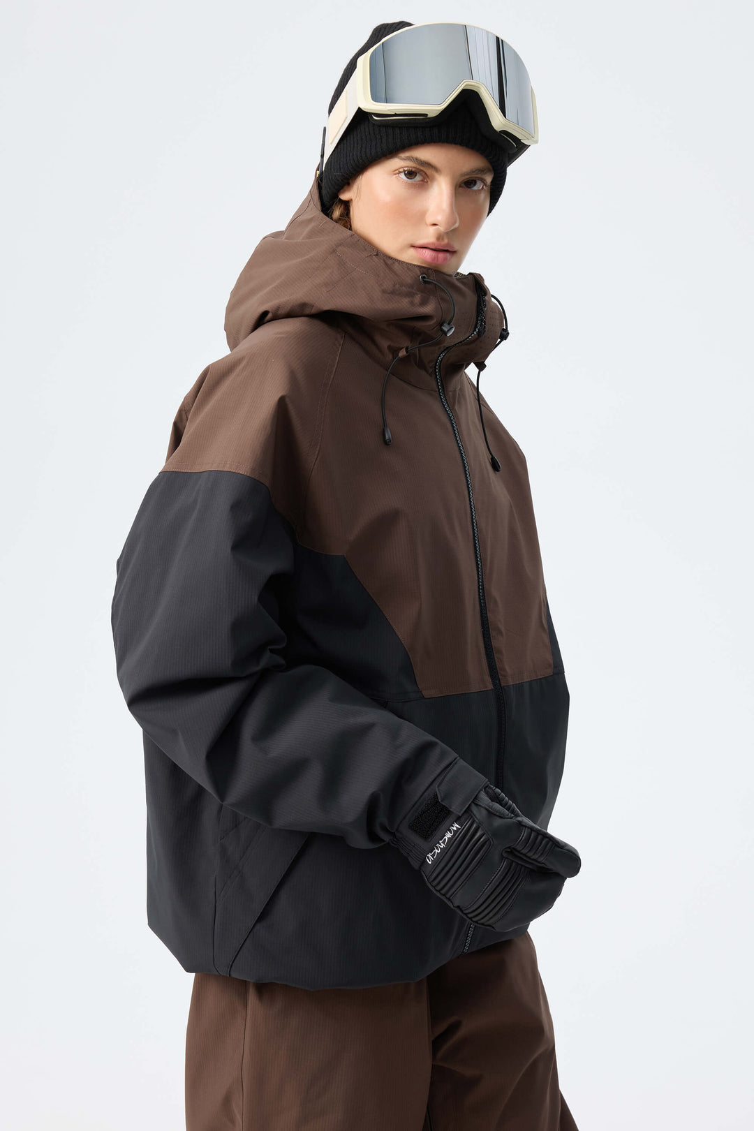 Women’s Brown & Black Recycled Contrast Panel Insulated Snow Jacket