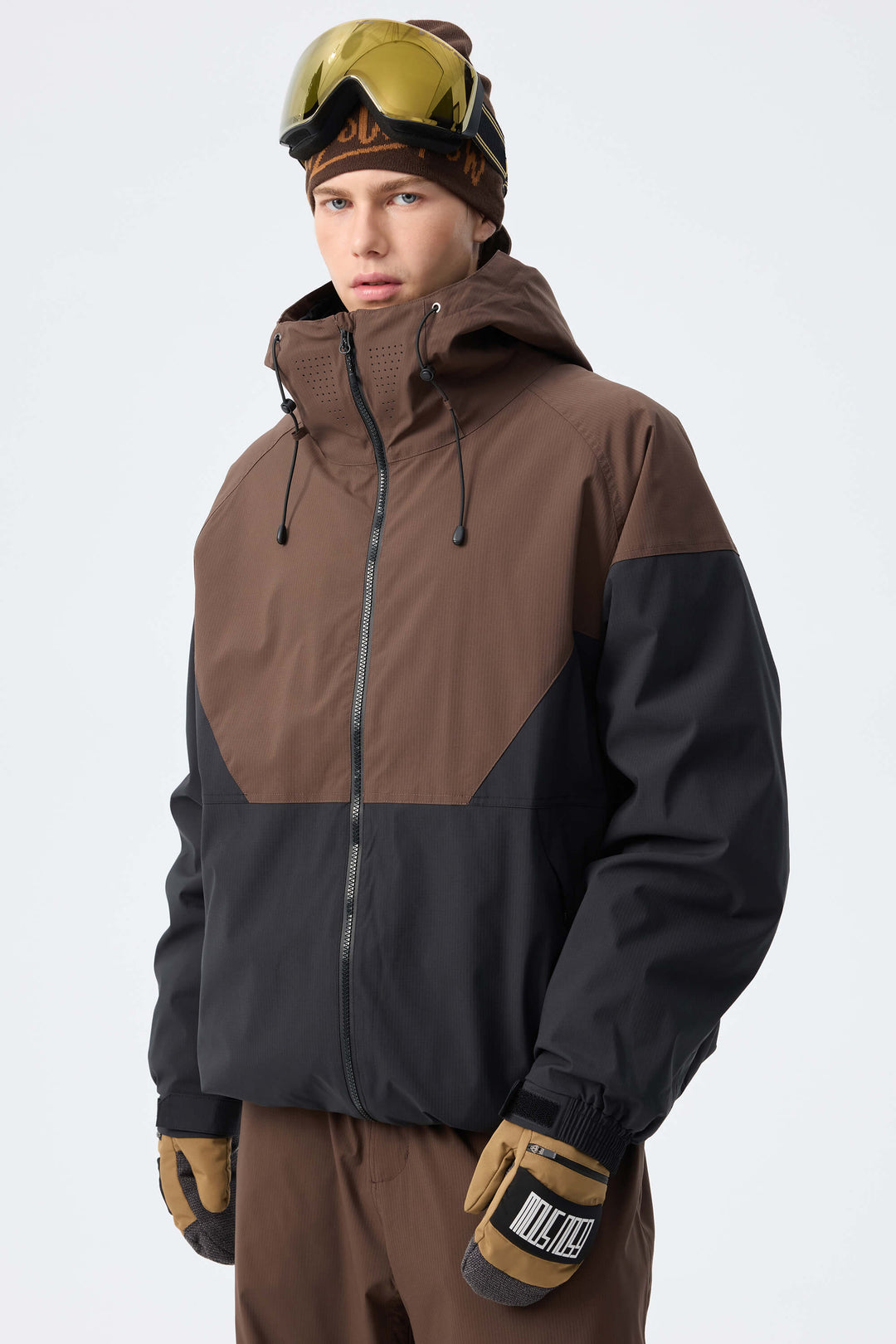Men’s Brown & Black Recycled Contrast Panel Insulated Snow Jacket