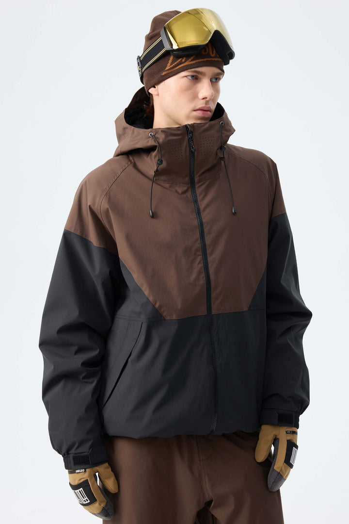Men’s Brown & Black Recycled Contrast Panel Insulated Snow Jacket