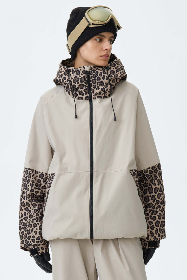 Women's Cow Print Contrast-Panel Insulated Snow Jacket