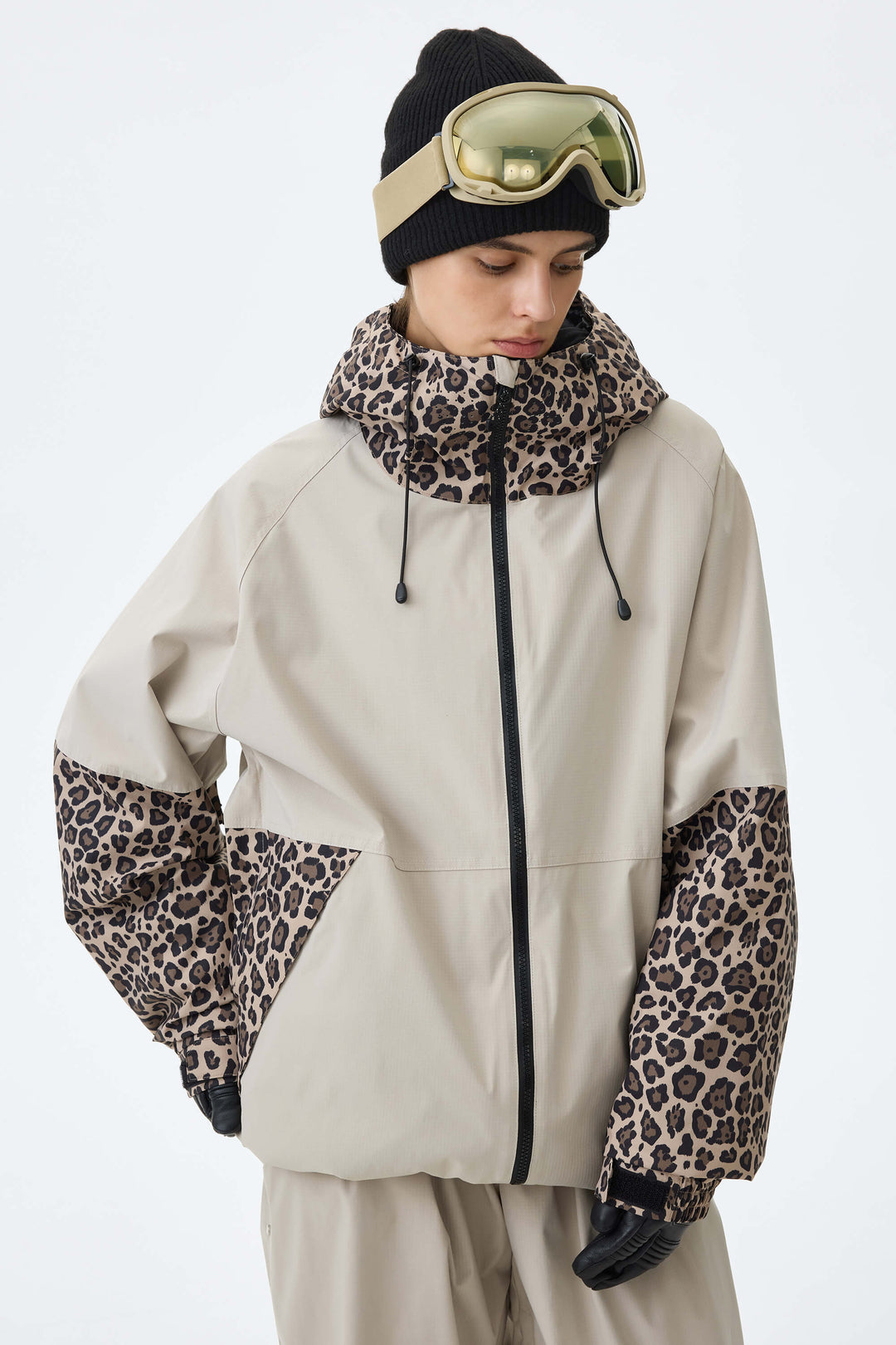 Women's Oat Milk & Leopard Contrast-Panel Insulated Snow Jacket