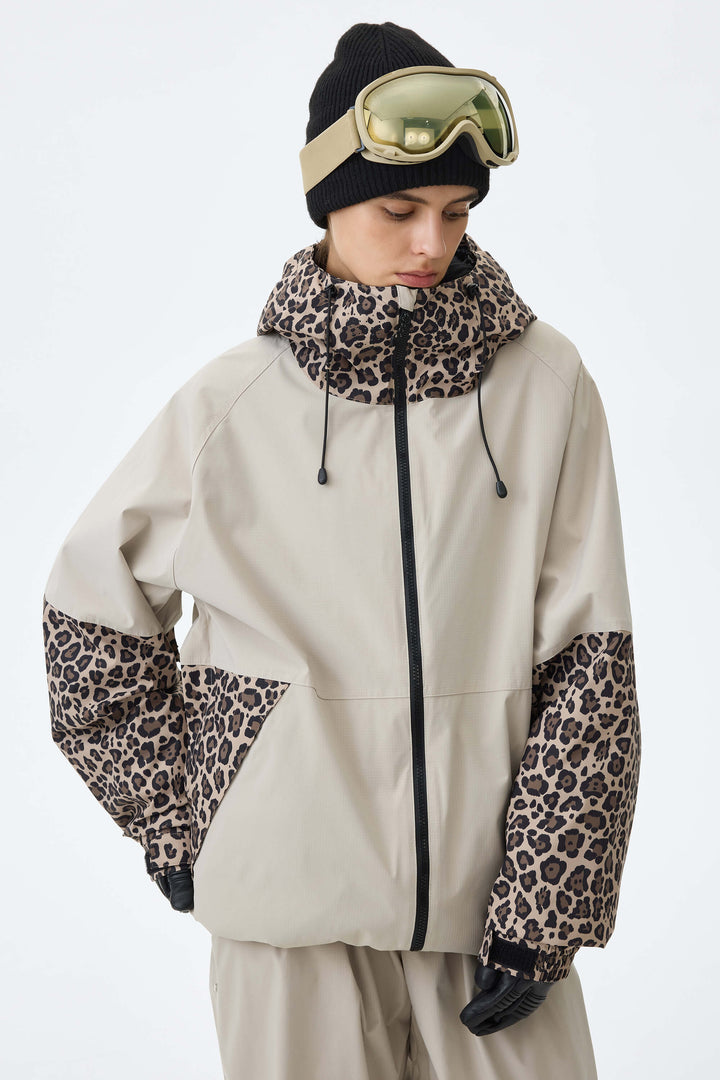 Women's Oat Milk & Leopard Contrast-Panel Insulated Snow Jacket