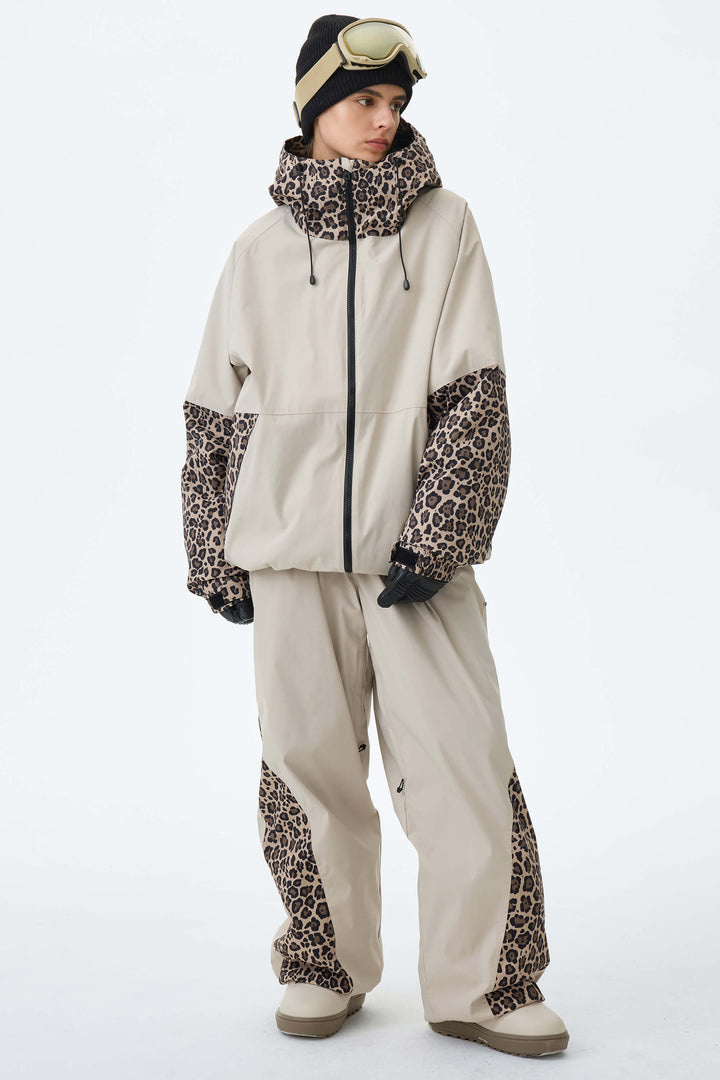 Women's Oat Milk & Leopard Contrast-Panel Insulated Snow Jacket
