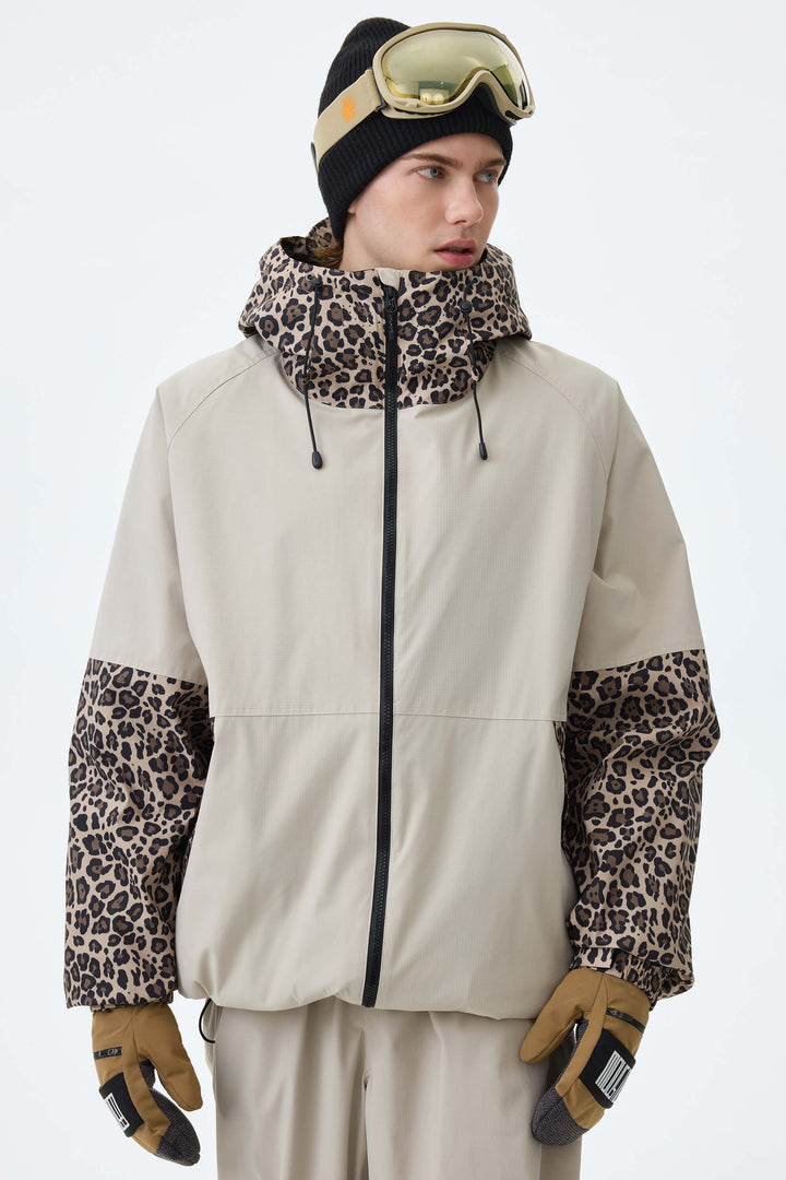 Men's Oat Milk & Leopard Contrast-Panel Insulated Snow Jacket