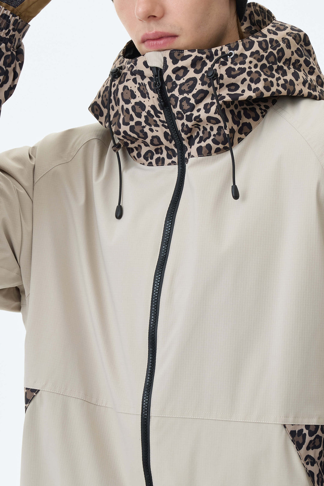 Men's Oat Milk & Leopard Contrast-Panel Insulated Snow Jacket