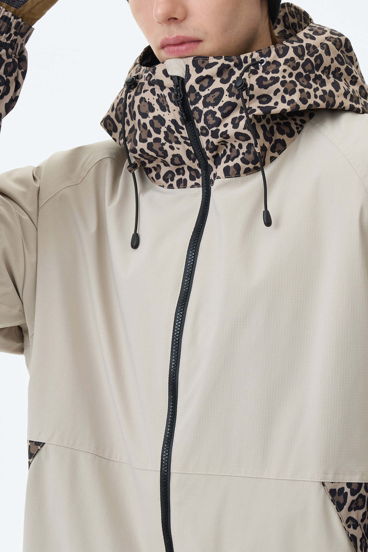 Men's Oat Milk & Leopard Contrast-Panel Insulated Snow Jacket