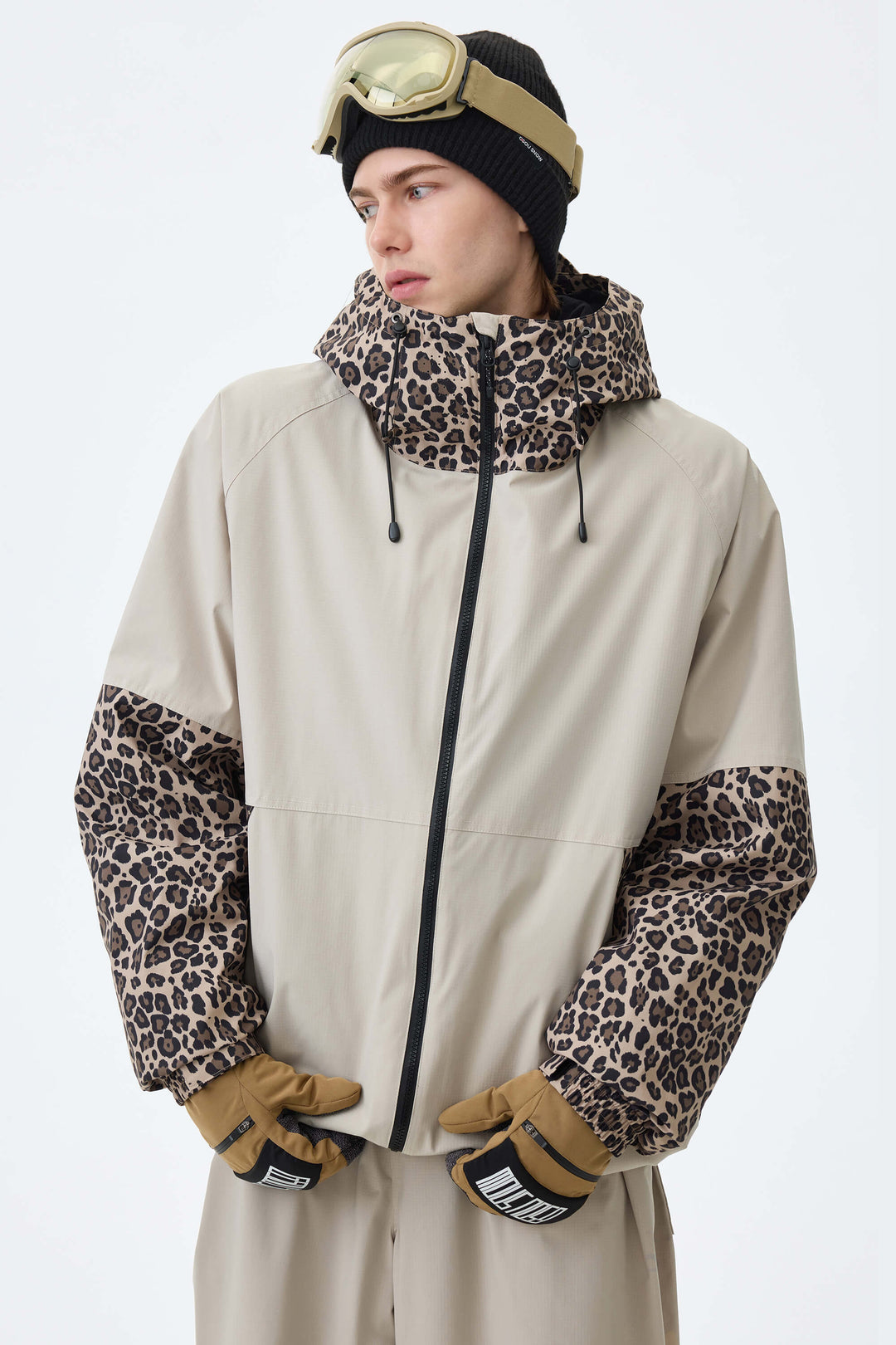 Men's Oat Milk & Leopard Contrast-Panel Insulated Snow Jacket