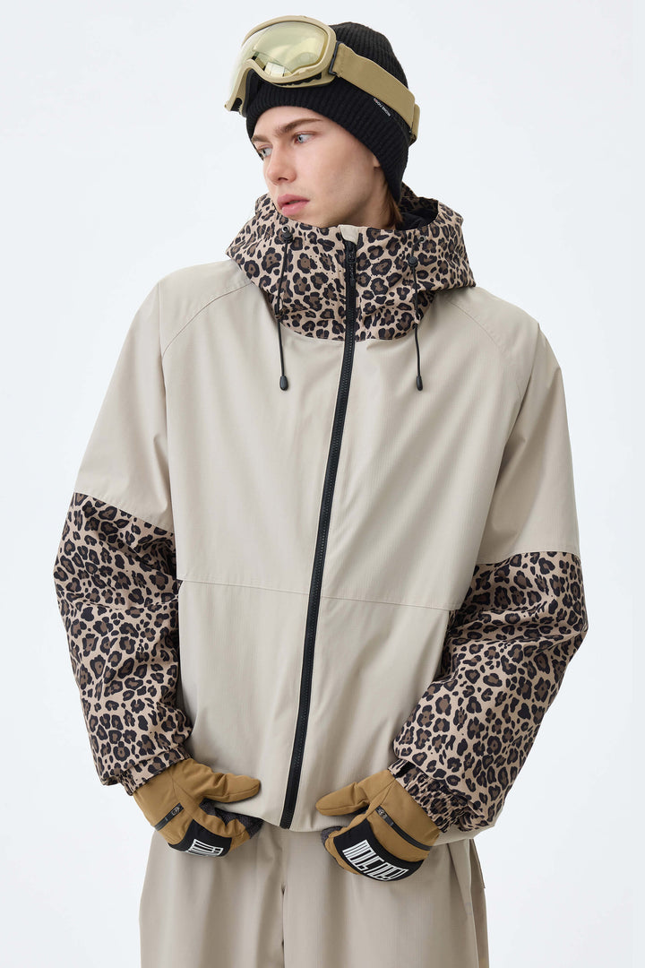 Men's Oat Milk & Leopard Contrast-Panel Insulated Snow Jacket