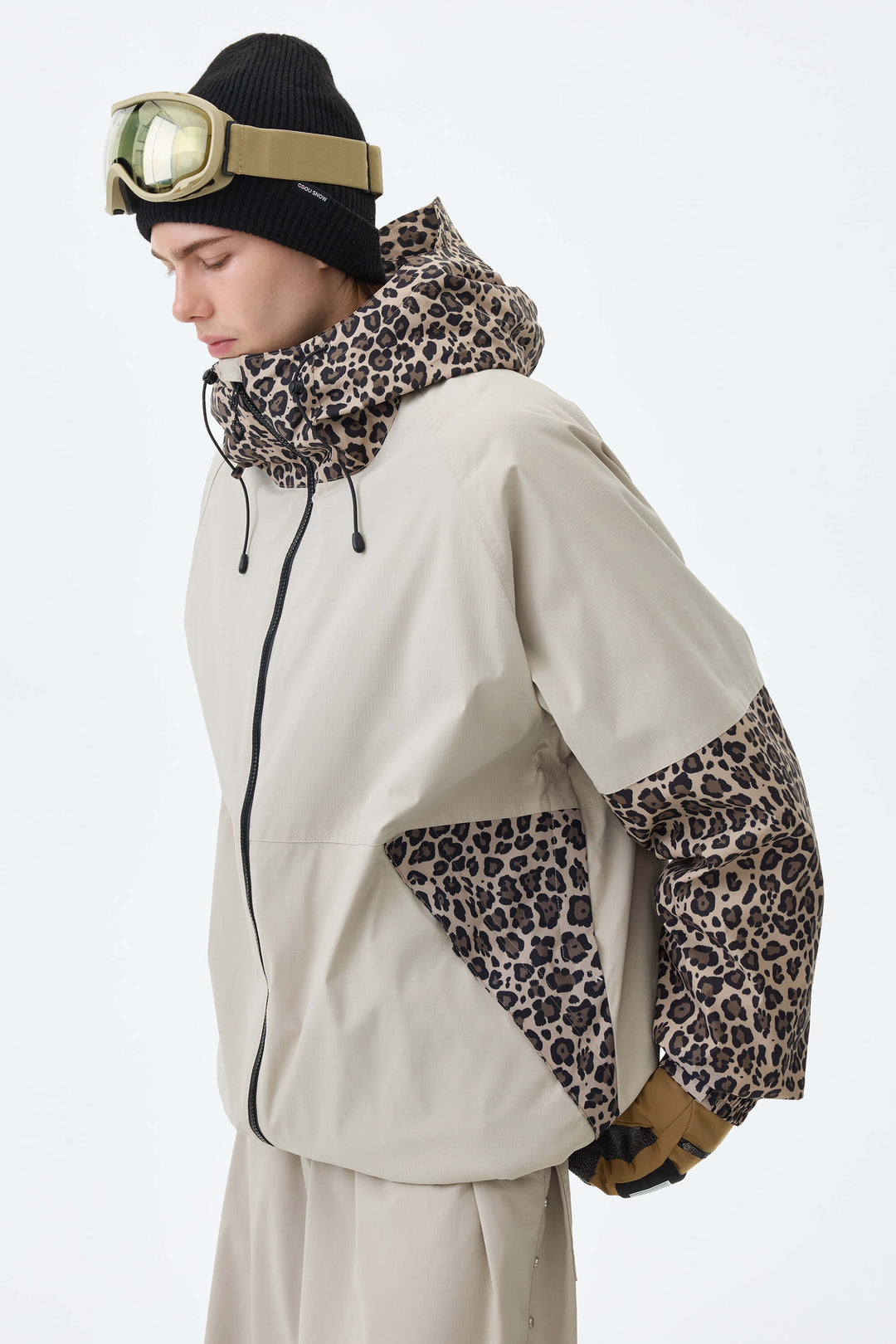 Men's Oat Milk & Leopard Contrast-Panel Insulated Snow Jacket