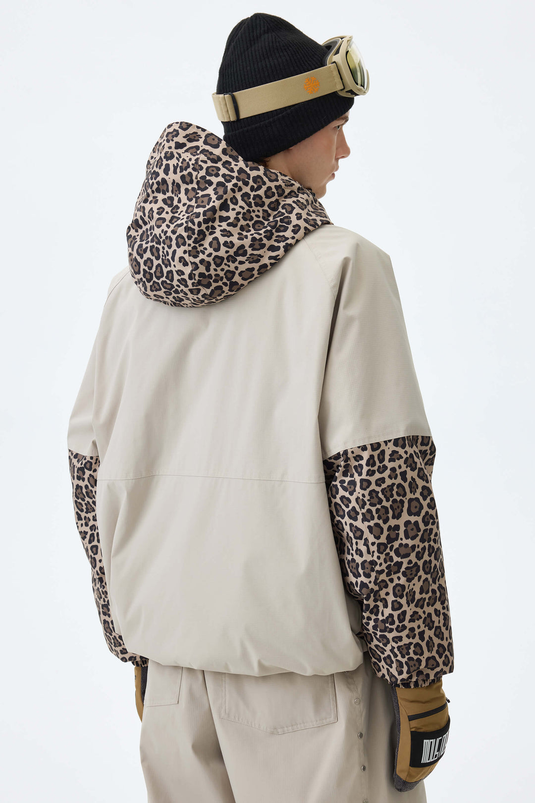 Men's Oat Milk & Leopard Contrast-Panel Insulated Snow Jacket