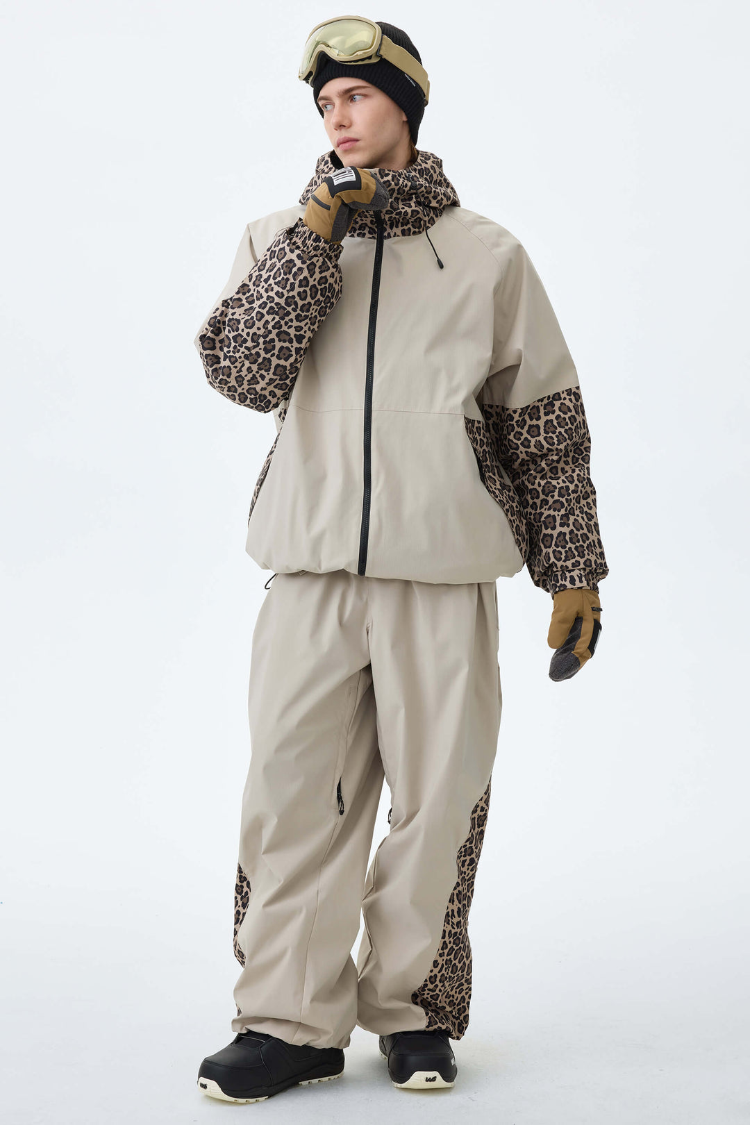 Men's Oat Milk & Leopard Contrast-Panel Insulated Snow Jacket