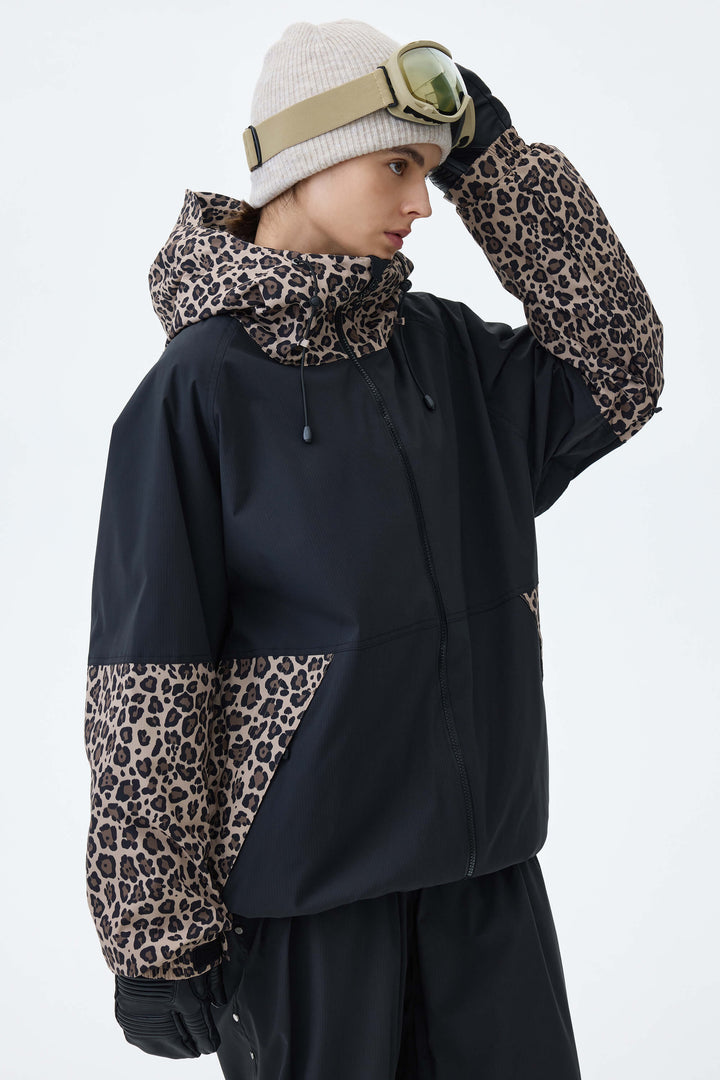 Women's Cow Print Contrast-Panel Insulated Snow Jacket