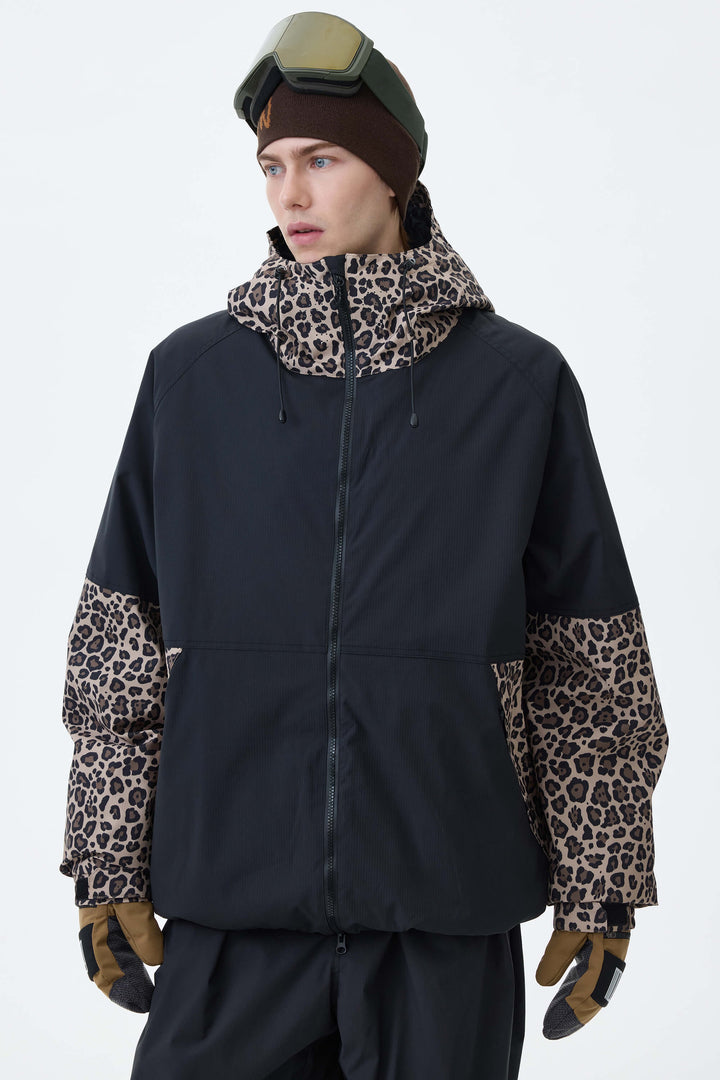 Men's Oat Milk & Leopard Contrast-Panel Insulated Snow Jacket