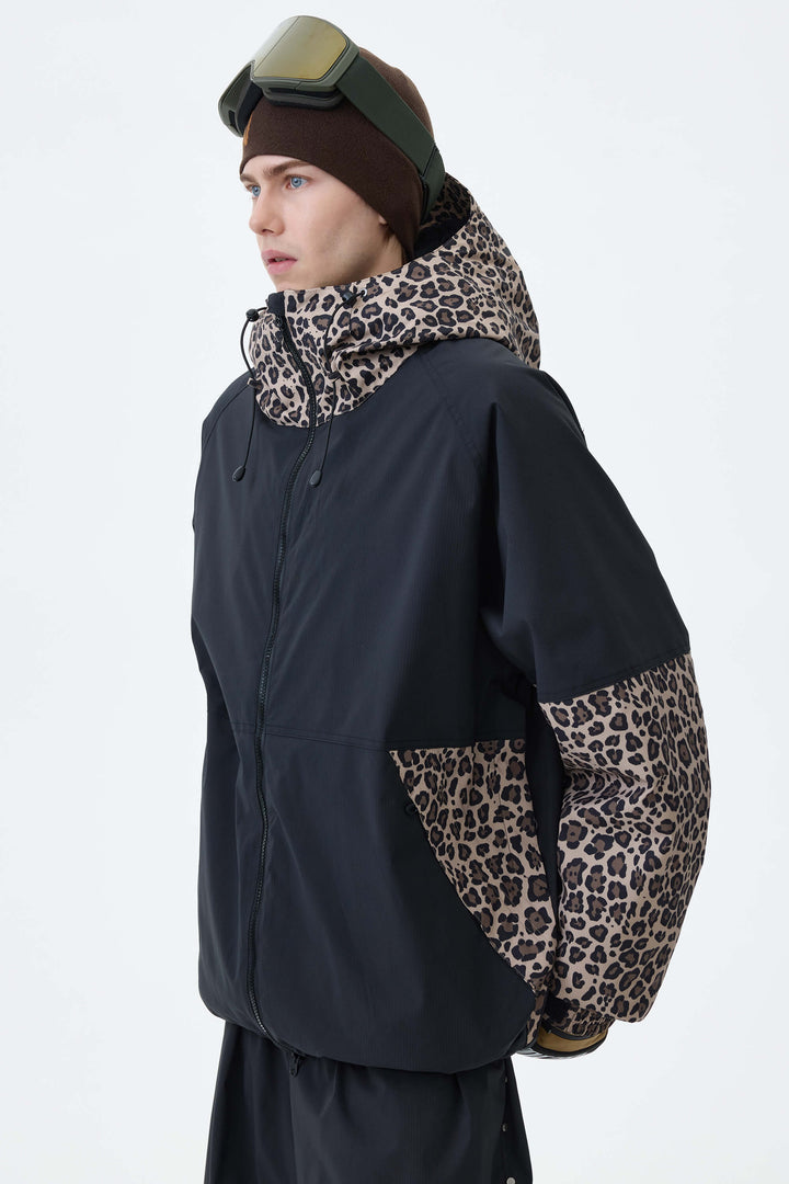 Men's Oat Milk & Leopard Contrast-Panel Insulated Snow Jacket