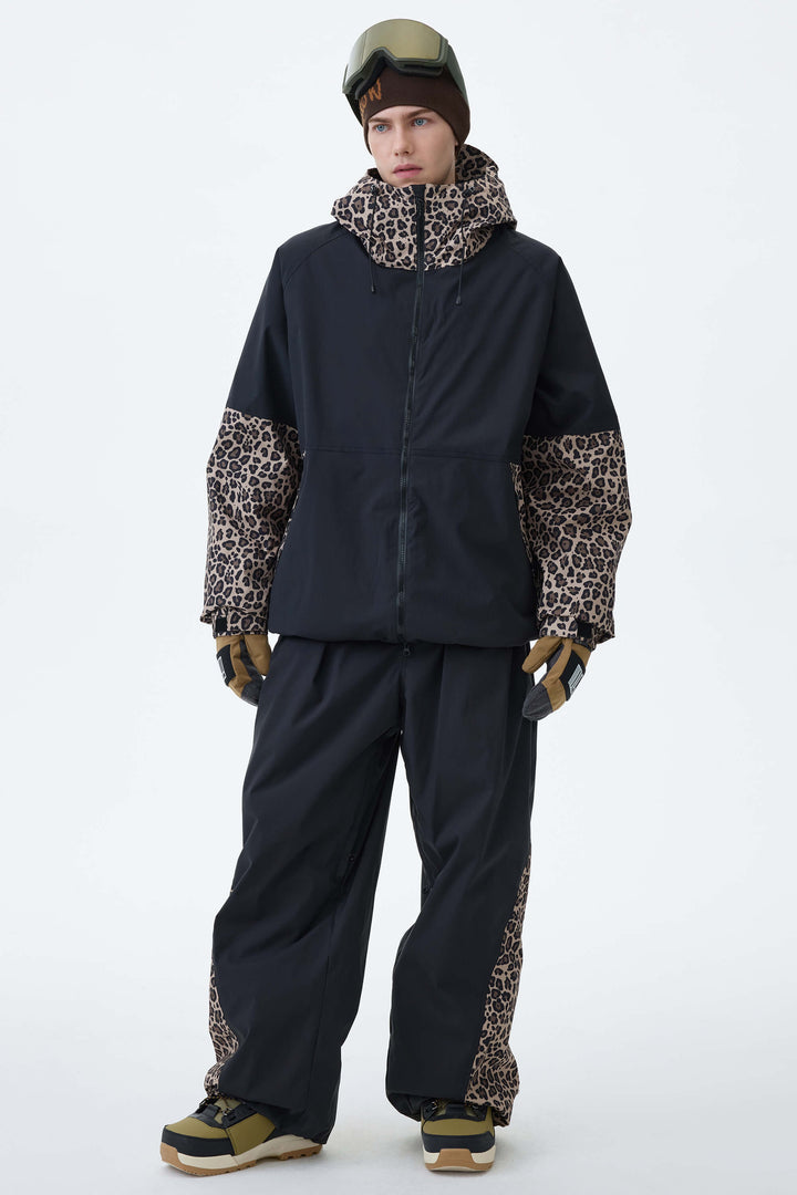 Men's Black & Leopard Contrast-Panel Insulated Snow Jacket